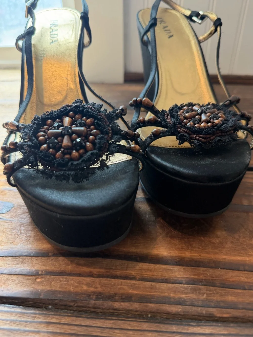 Prada Y2K Black Satin Brown Beaded Flower Platform Slingback Wedges